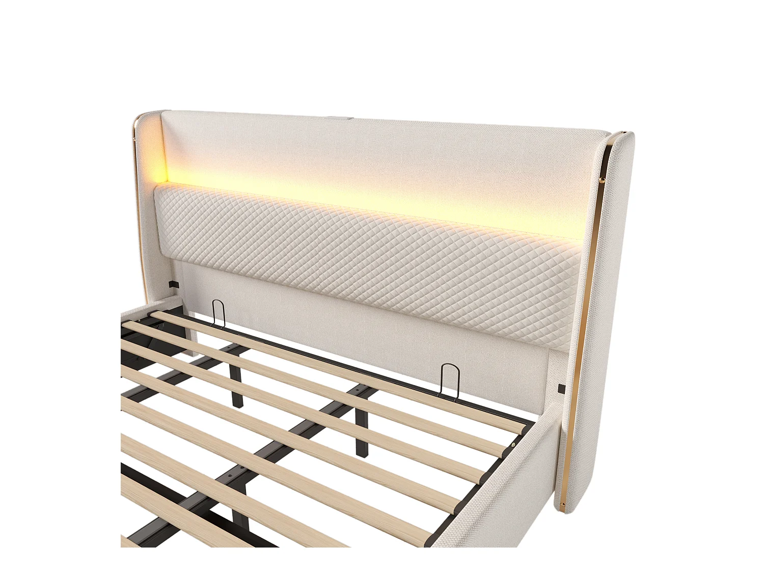 Lit coffre rembourré 180x200cm - avec éclairage LED - avec ports USB et Type-C - tissu en Lin - Beige (sans matelas)