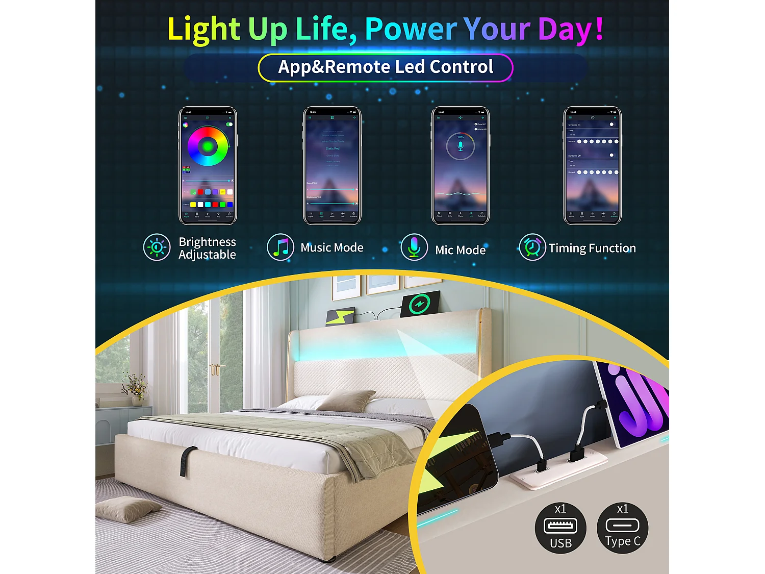 Polstret seng med opbevaring 180x200cm - med LED-belysning - med USB og Type-C porte - Hørstof - Beige (madras medfølger ikke)