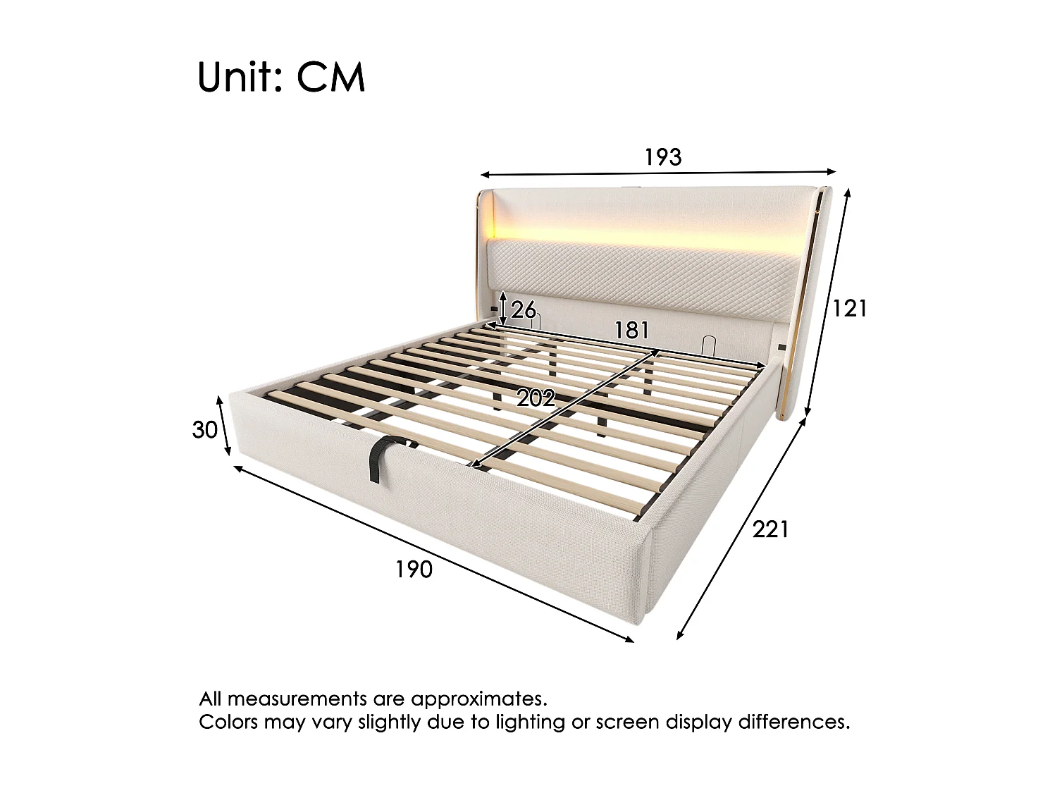 Polstret seng med opbevaring 180x200cm - med LED-belysning - med USB og Type-C porte - Hørstof - Beige (madras medfølger ikke)