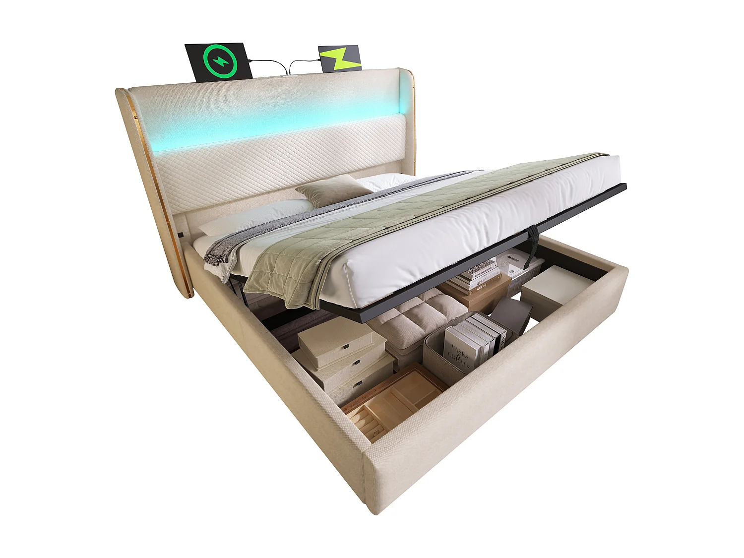 Polstret seng med opbevaring 180x200cm - med LED-belysning - med USB og Type-C porte - Hørstof - Beige (madras medfølger ikke)