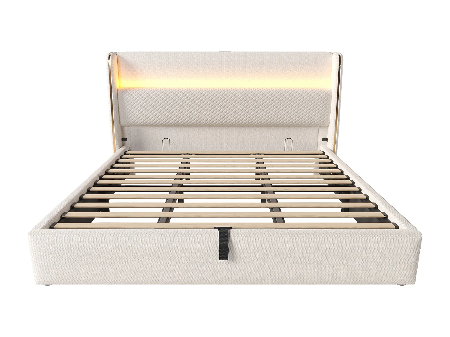 Polstret seng med opbevaring 180x200cm - med LED-belysning - med USB og Type-C porte - Hørstof - Beige (madras medfølger ikke)