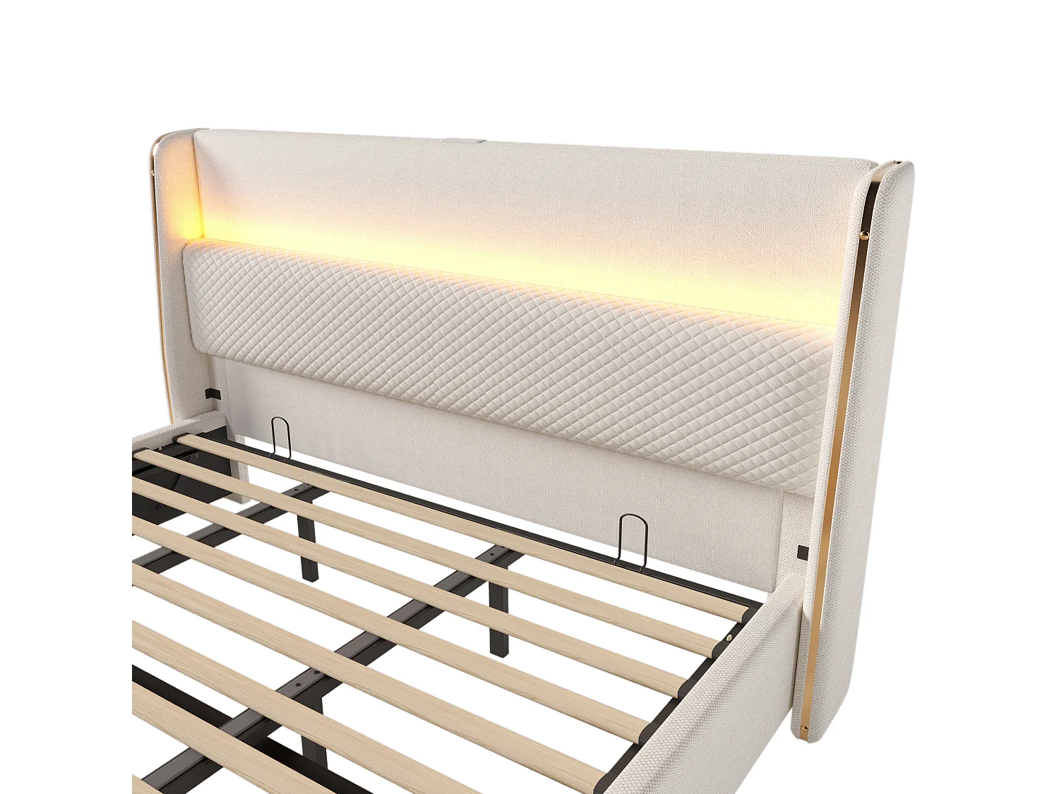 Polstret seng med opbevaring 180x200cm - med LED-belysning - med USB og Type-C porte - Hørstof - Beige (madras medfølger ikke)