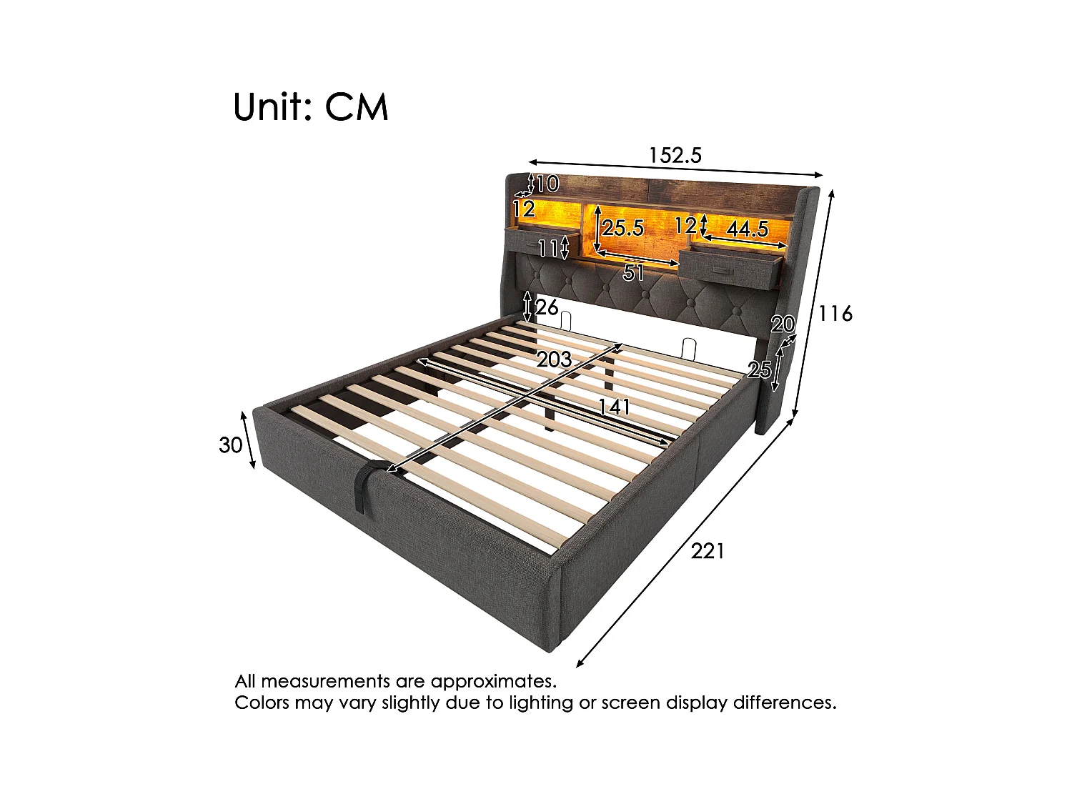 Lit coffre rembourré - 140 x 200 cm - tête de lit Leds + 4 stations de charge (USB/Type-C) - lin - gris