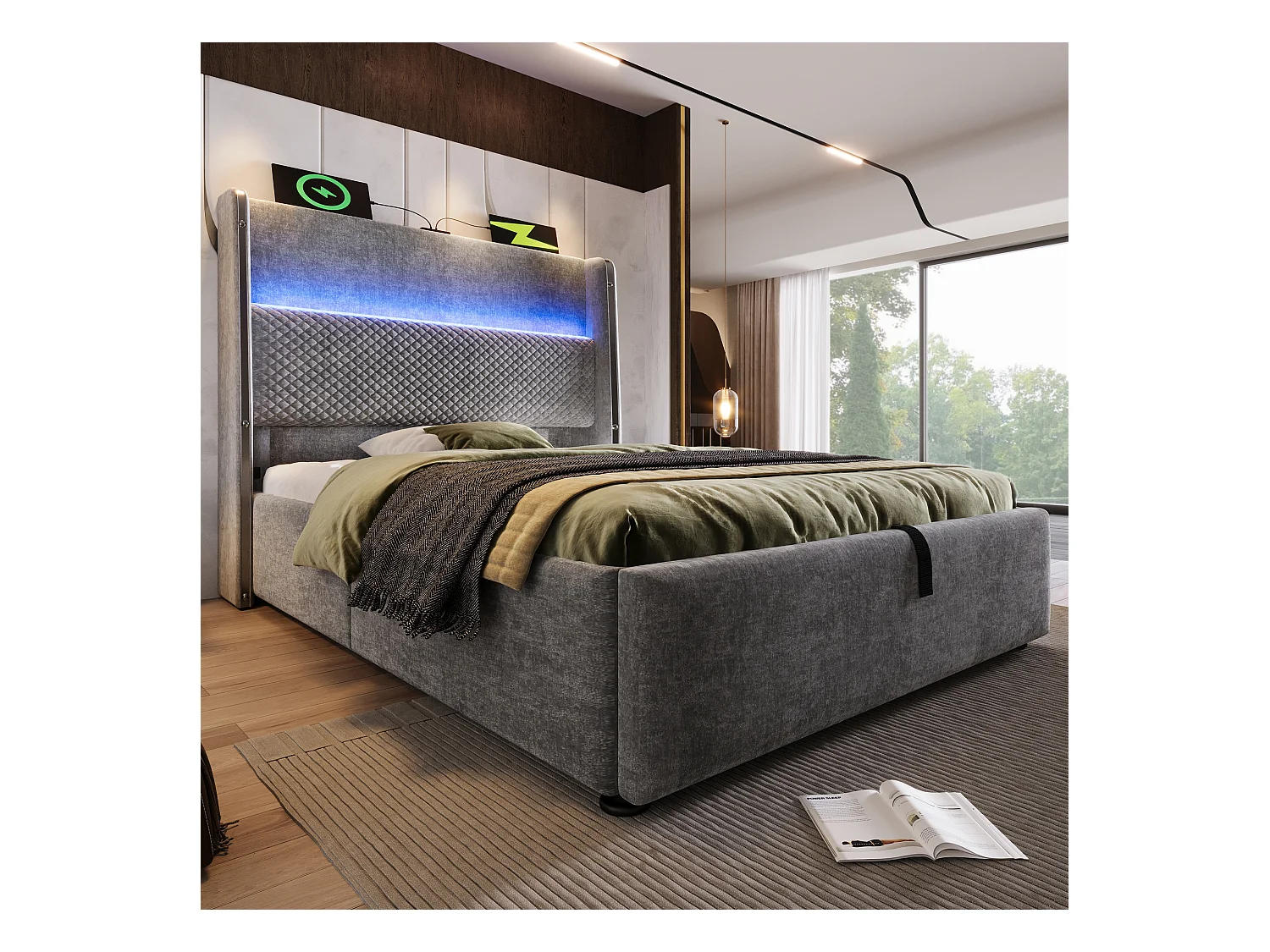 Lit coffre rembourré 90x200cm - avec éclairage LED - avec ports USB et Type-C - tissu en Lin - Gris (sans matelas)