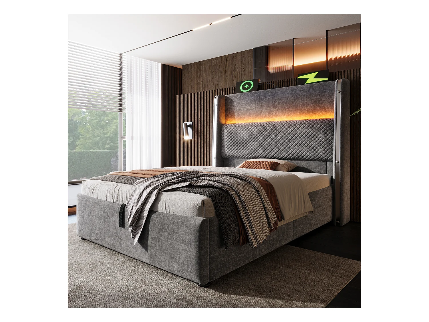 Lit coffre rembourré 90x200cm - avec éclairage LED - avec ports USB et Type-C - tissu en Lin - Gris (sans matelas)