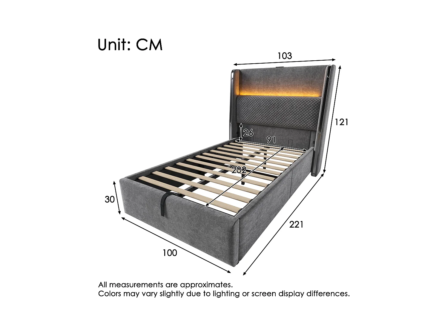 Lit coffre rembourré 90x200cm - avec éclairage LED - avec ports USB et Type-C - tissu en Lin - Gris (sans matelas)