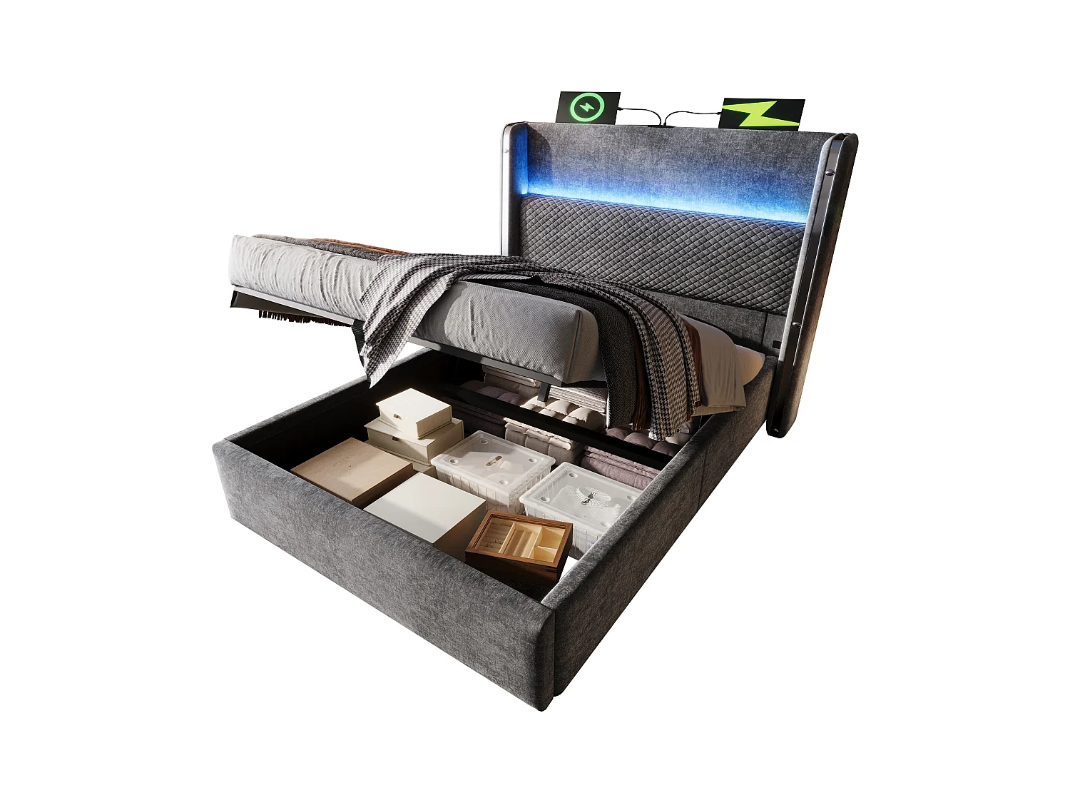 Lit coffre rembourré 90x200cm - avec éclairage LED - avec ports USB et Type-C - tissu en Lin - Gris (sans matelas)