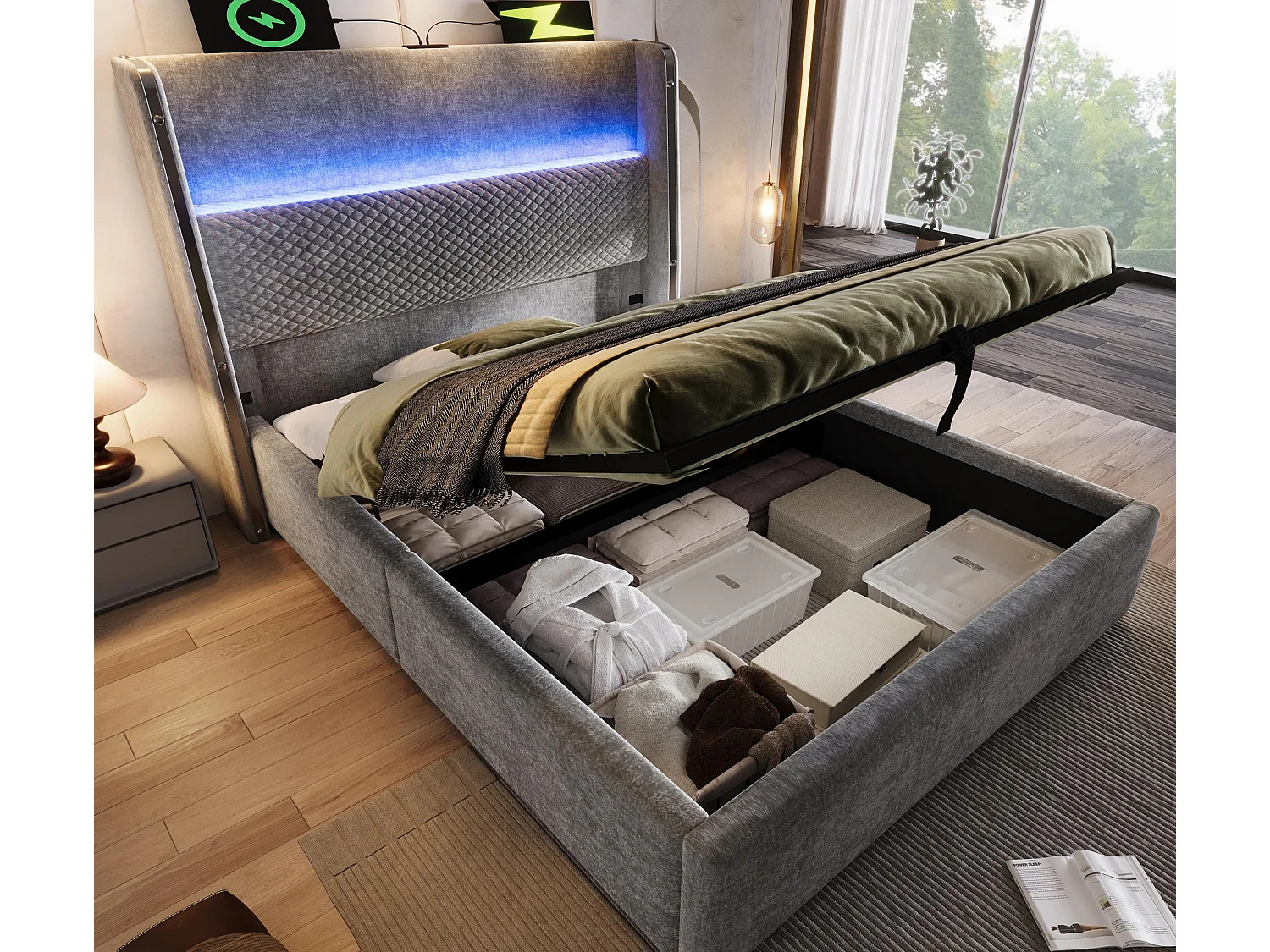 Lit coffre rembourré 90x200cm - avec éclairage LED - avec ports USB et Type-C - tissu en Lin - Gris (sans matelas)