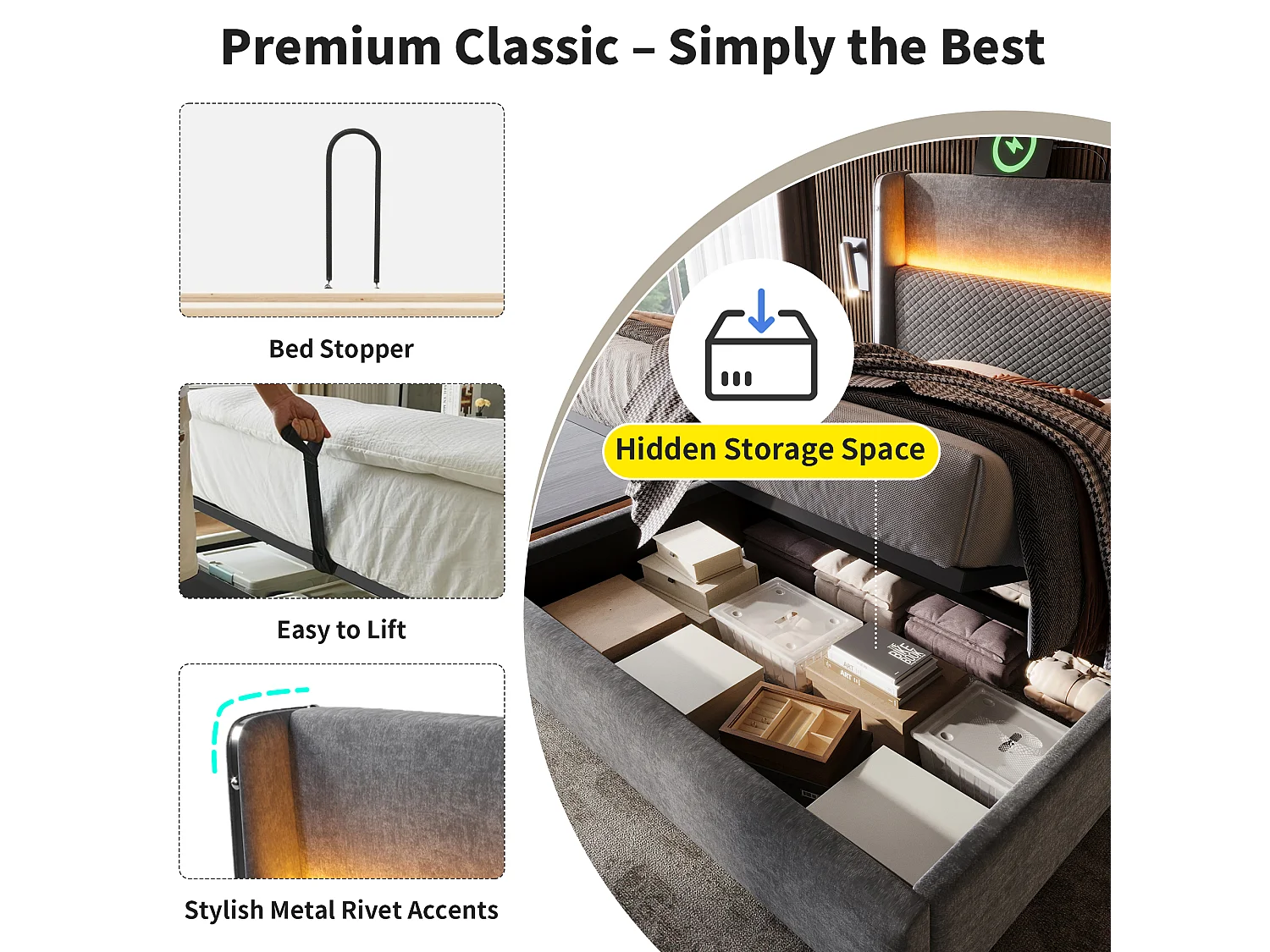 Lit coffre rembourré 90x200cm - avec éclairage LED - avec ports USB et Type-C - tissu en Lin - Gris (sans matelas)