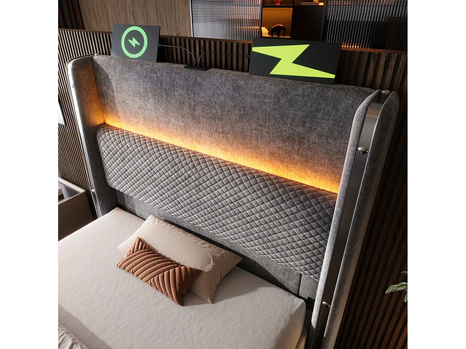 Gepolsterte Bettkasten 90x200 cm - mit LED-Beleuchtung - mit USB- und Type-C-Anschlüssen - Leinenstoff - Grau (ohne Matratze)