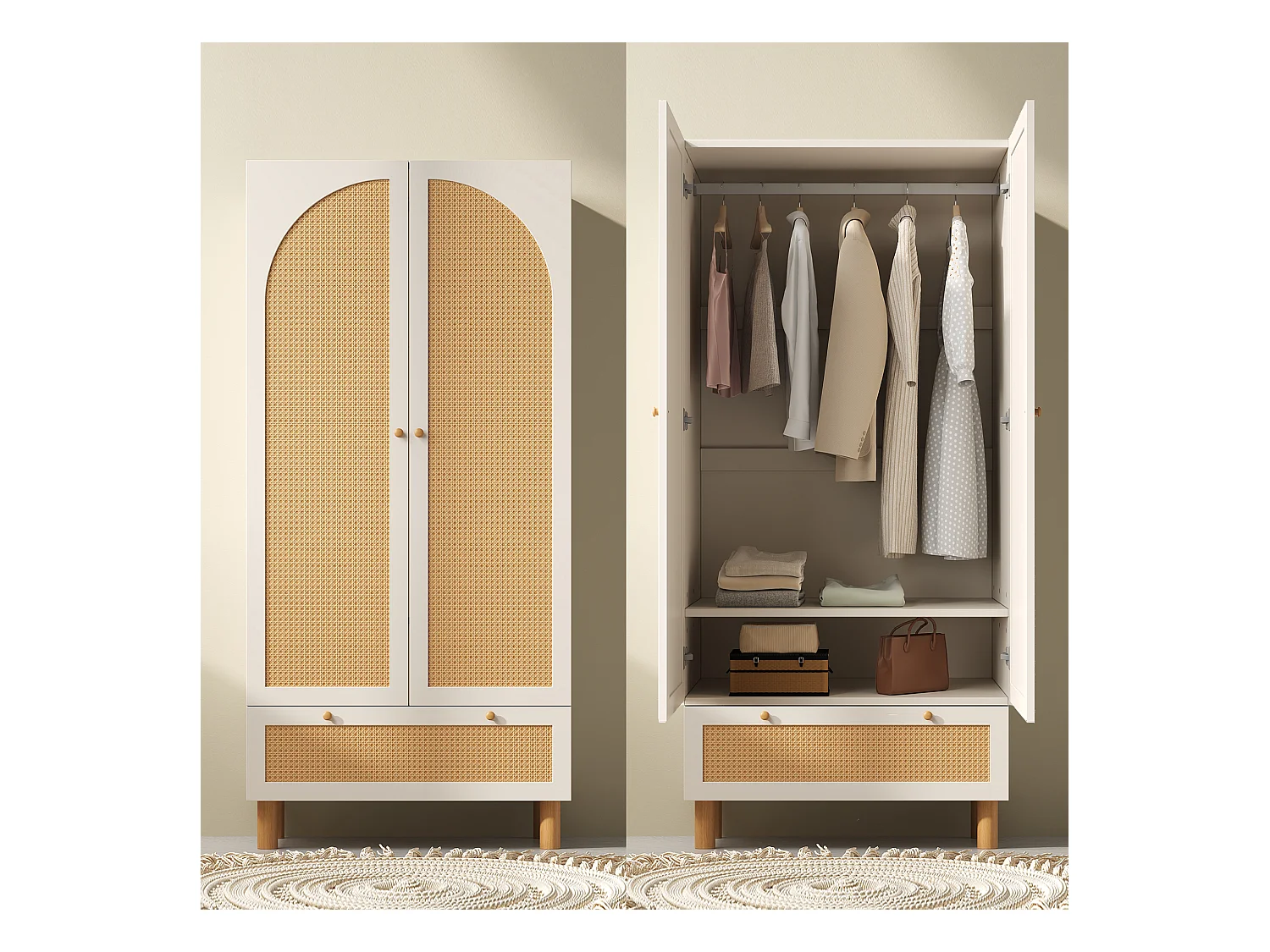 Armoire avec 2 portes en rotin - 85.5 x 52 x 180.5 cm - style campagnard avec 1 tiroir - bois - blanc