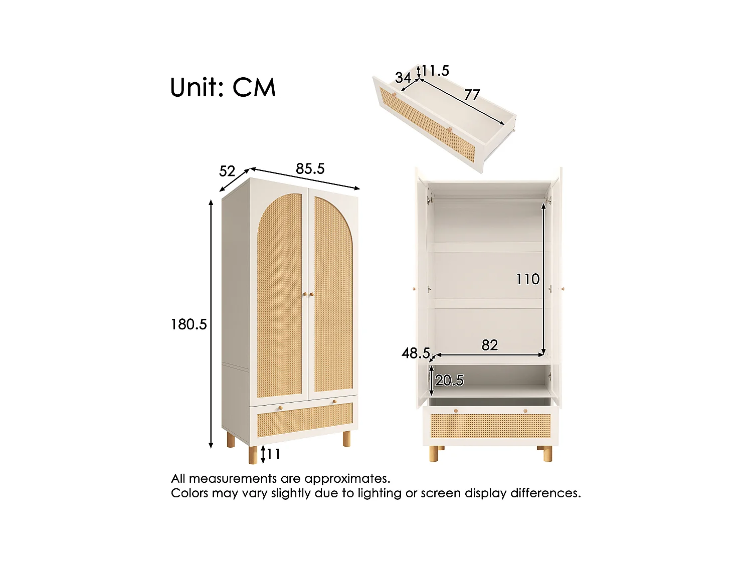 Armoire avec 2 portes en rotin - 85.5 x 52 x 180.5 cm - style campagnard avec 1 tiroir - bois - blanc