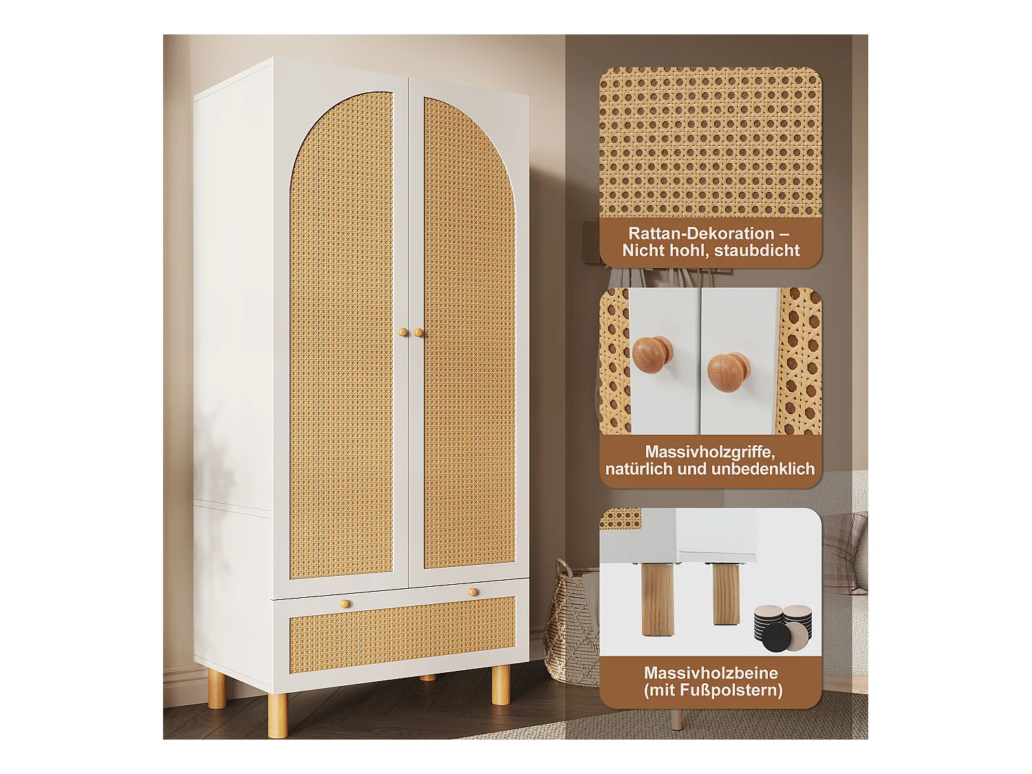 Armoire avec 2 portes en rotin - 85.5 x 52 x 180.5 cm - style campagnard avec 1 tiroir - bois - blanc