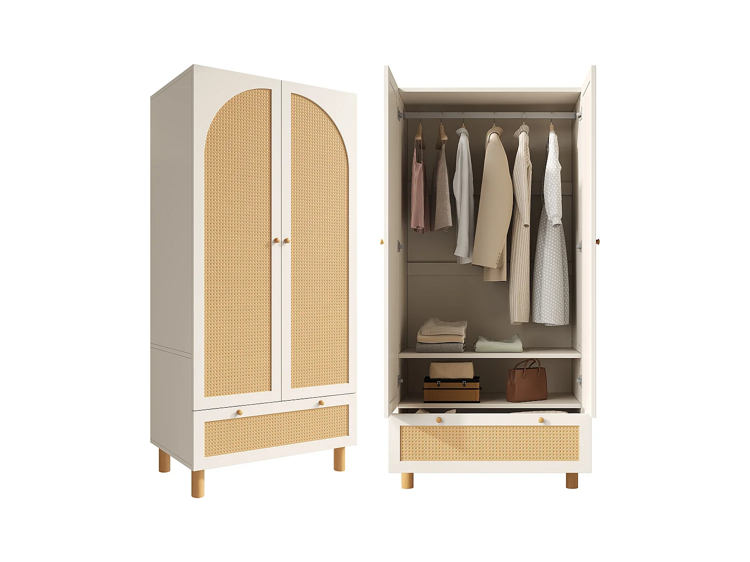 Armoire avec 2 portes en rotin - 85.5 x 52 x 180.5 cm - style campagnard avec 1 tiroir - bois - blanc
