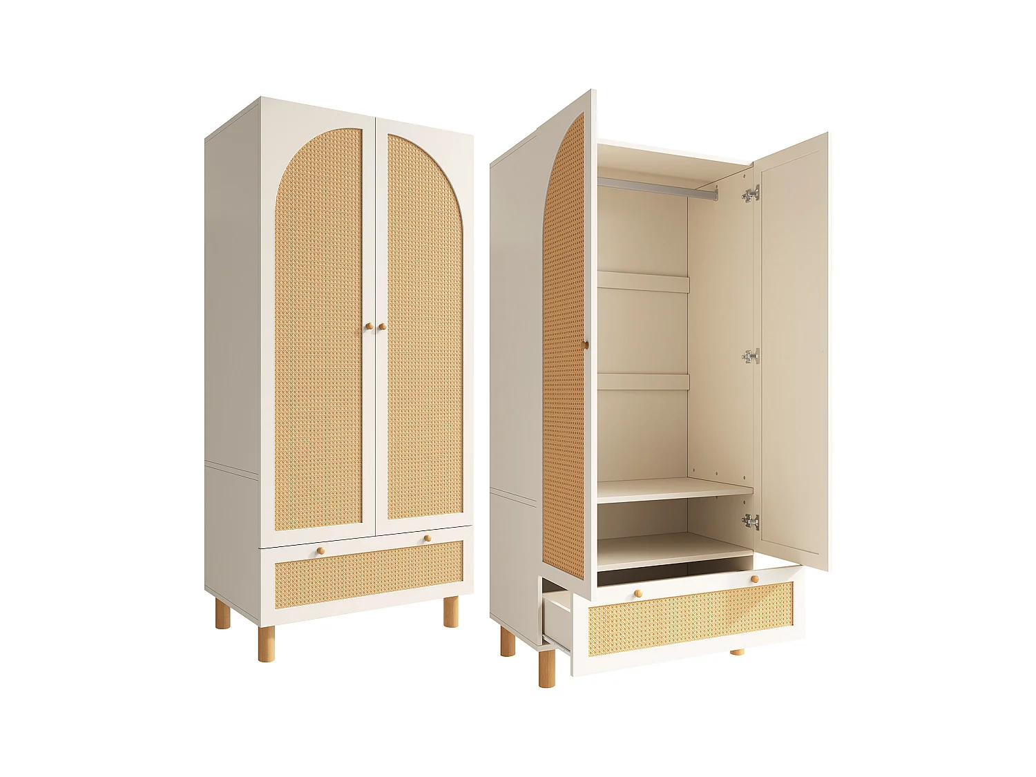 Armoire avec 2 portes en rotin - 85.5 x 52 x 180.5 cm - style campagnard avec 1 tiroir - bois - blanc