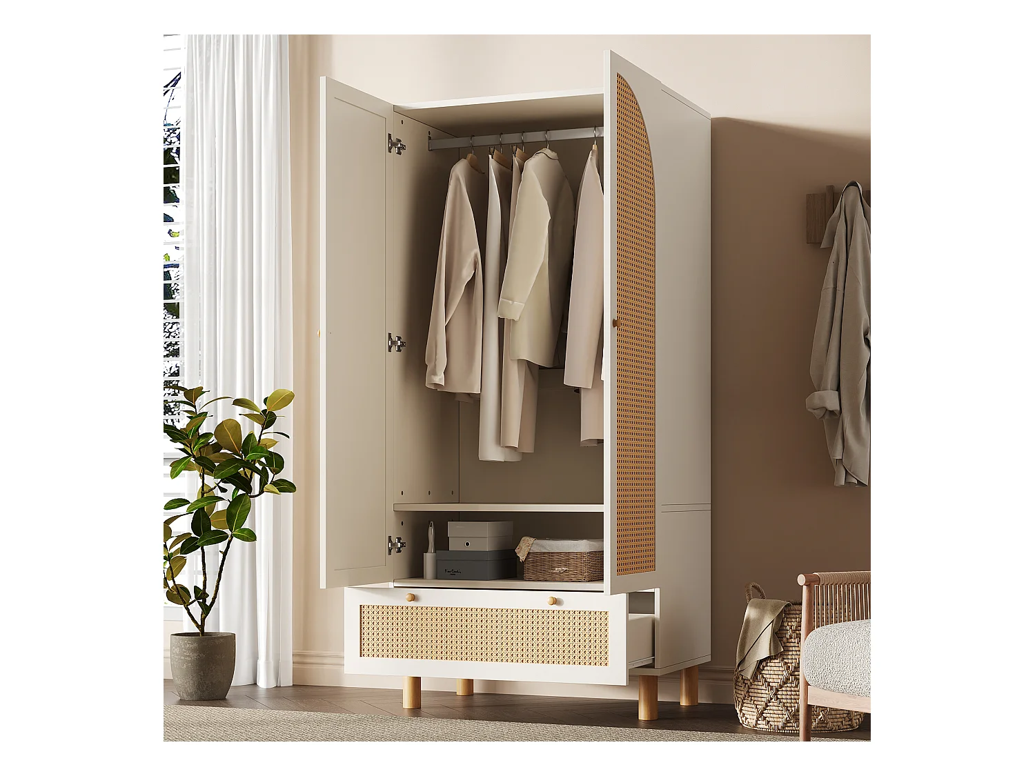 Armoire avec 2 portes en rotin - 85.5 x 52 x 180.5 cm - style campagnard avec 1 tiroir - bois - blanc