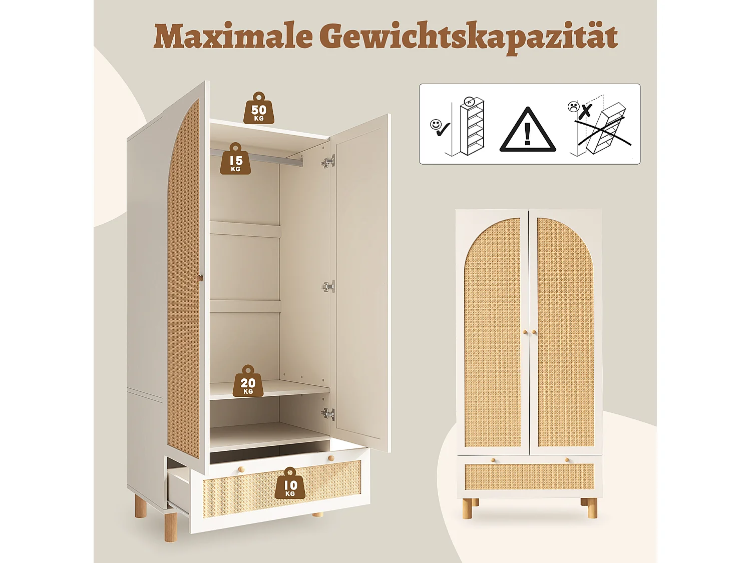 Armoire avec 2 portes en rotin - 85.5 x 52 x 180.5 cm - style campagnard avec 1 tiroir - bois - blanc