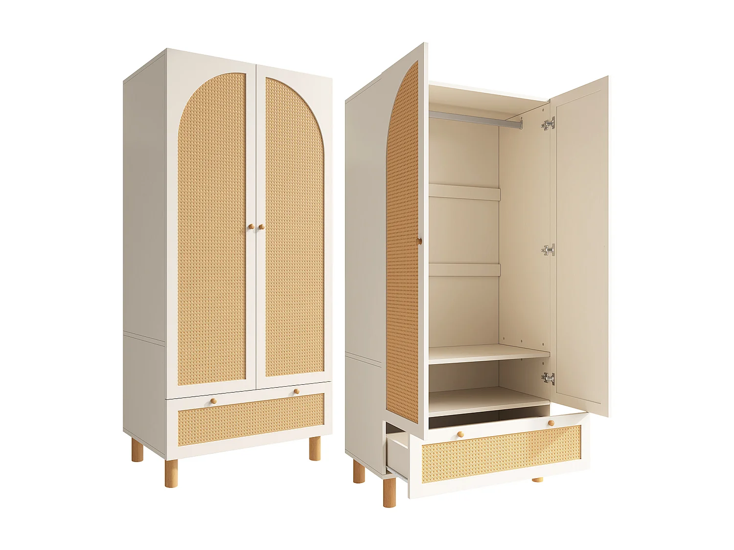Armoire avec 2 portes en rotin - 85.5 x 52 x 180.5 cm - style campagnard avec 1 tiroir - bois - blanc