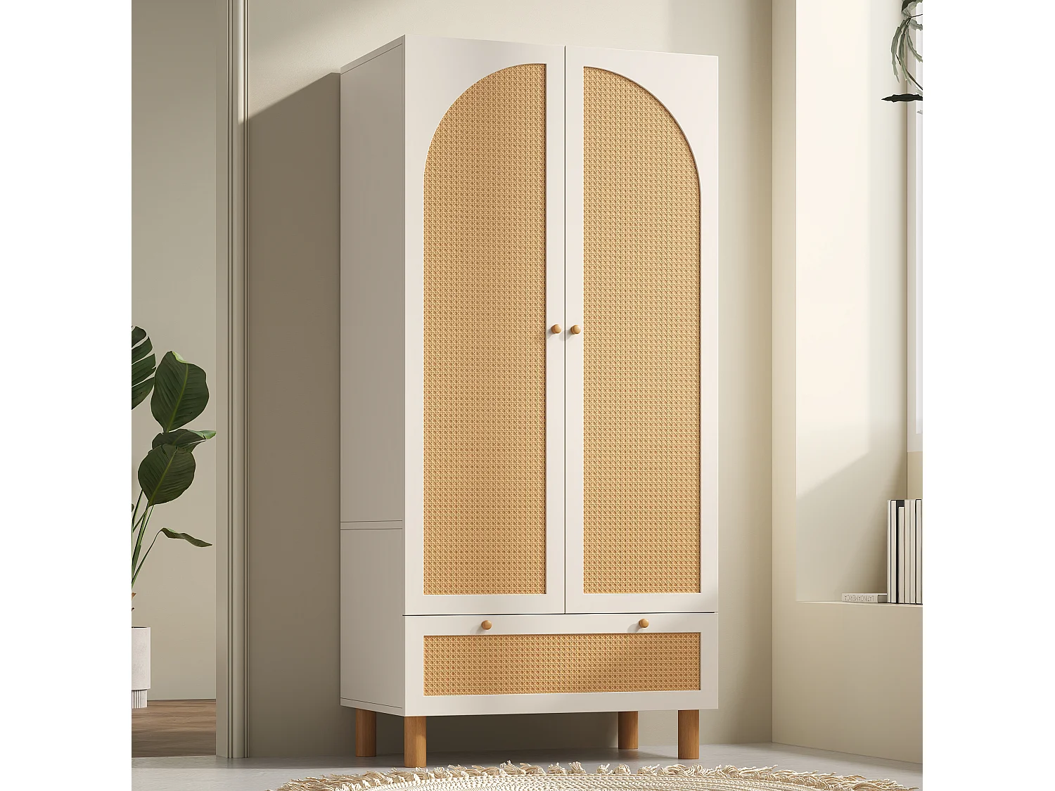 Armoire avec 2 portes en rotin - 85.5 x 52 x 180.5 cm - style campagnard avec 1 tiroir - bois - blanc