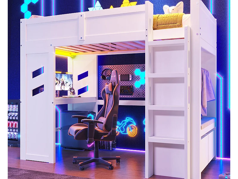 Hoge bed 90x200 cm - met bureau - met LED-verlichting - met 1 USB-poort - met ladder + lade + wasrek - Wit