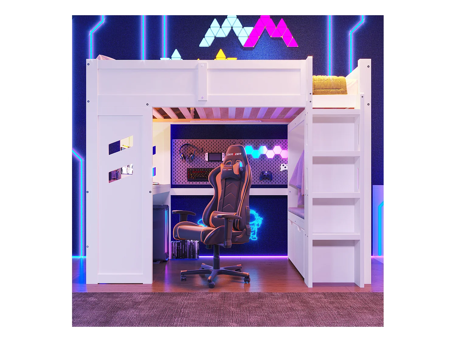 Lit mezzanine 90x200 cm - avec bureau - avec éclairage LED - avec 1 port USB - avec échelle + tiroir + étendoir - Blanc