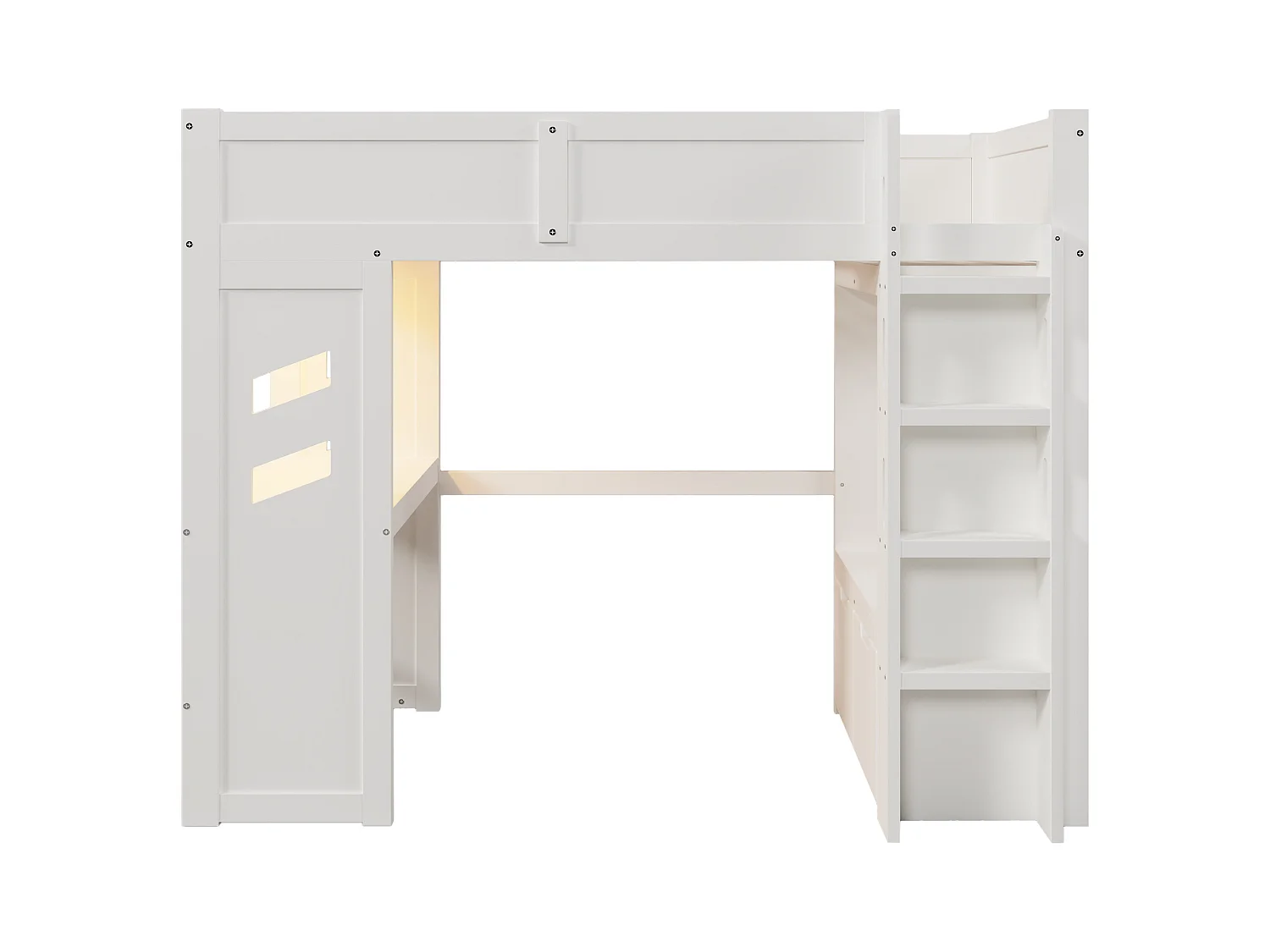 Lit mezzanine 90x200 cm - avec bureau - avec éclairage LED - avec 1 port USB - avec échelle + tiroir + étendoir - Blanc