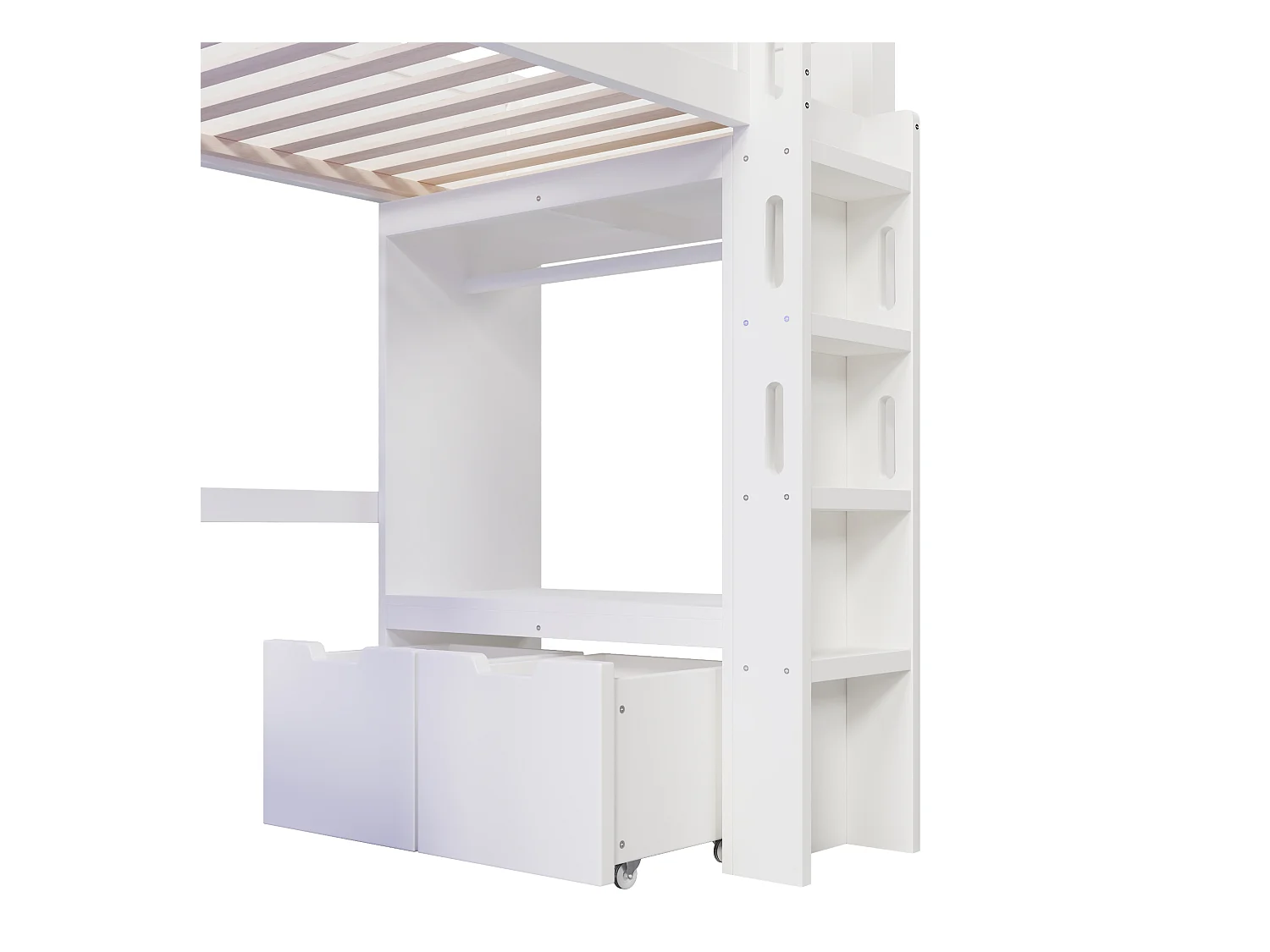Lit mezzanine 90x200 cm - avec bureau - avec éclairage LED - avec 1 port USB - avec échelle + tiroir + étendoir - Blanc