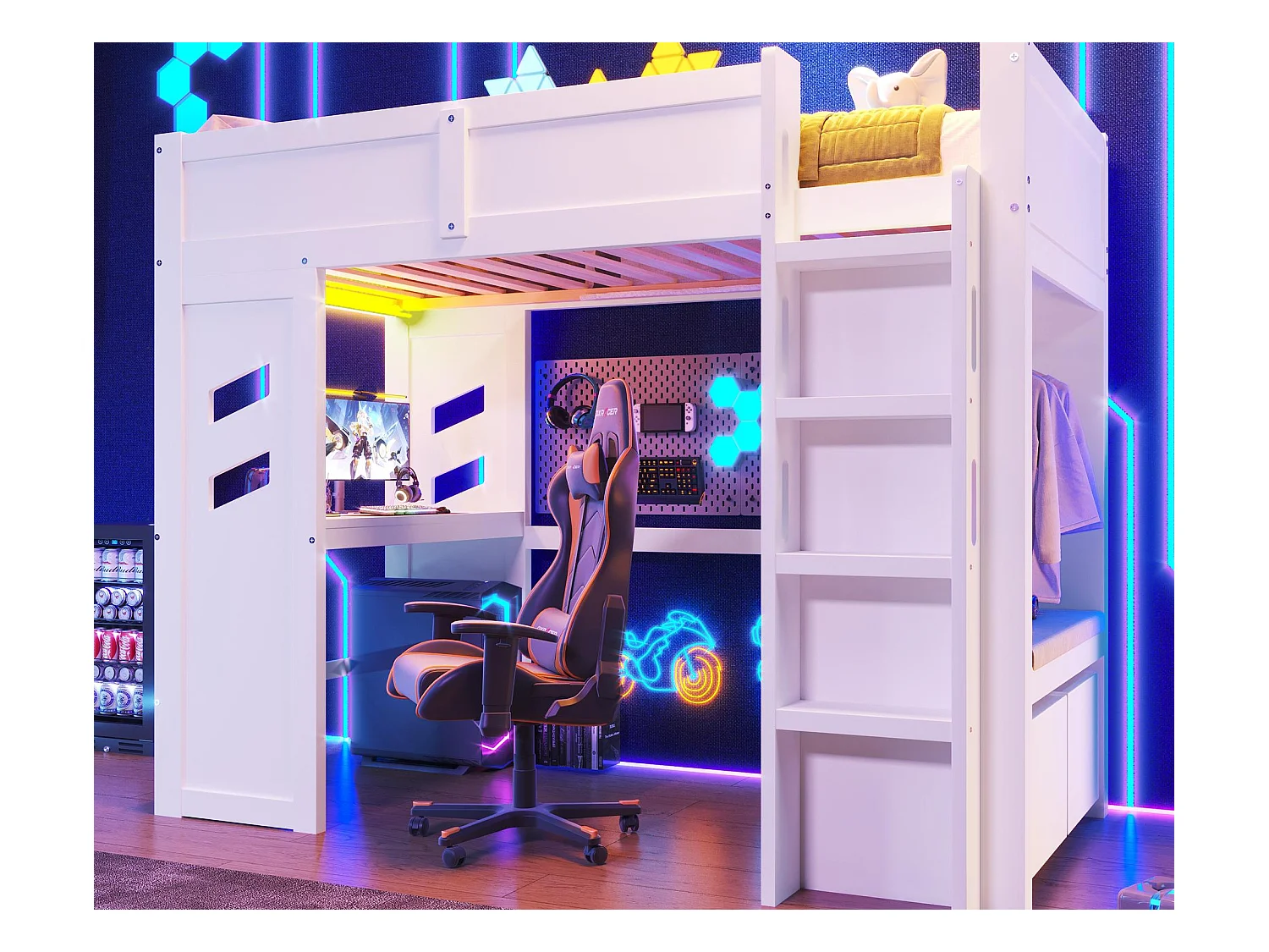 Lit mezzanine 90x200 cm - avec bureau - avec éclairage LED - avec 1 port USB - avec échelle + tiroir + étendoir - Blanc