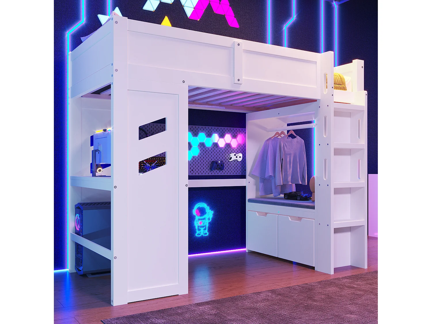 Lit mezzanine 90x200 cm - avec bureau - avec éclairage LED - avec 1 port USB - avec échelle + tiroir + étendoir - Blanc