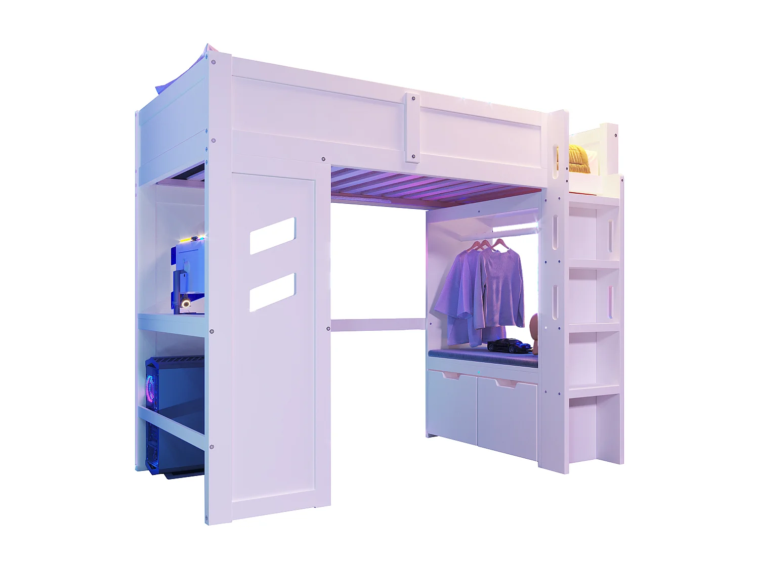 Lit mezzanine 90x200 cm - avec bureau - avec éclairage LED - avec 1 port USB - avec échelle + tiroir + étendoir - Blanc