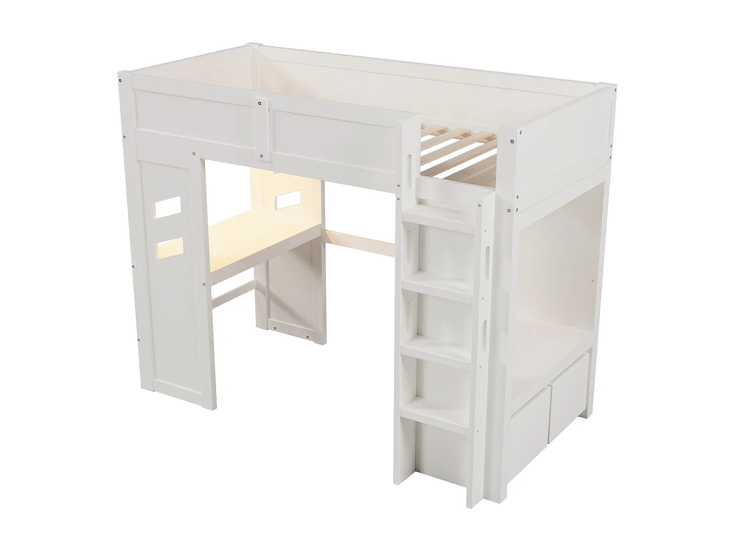 Lit mezzanine 90x200 cm - avec bureau - avec éclairage LED - avec 1 port USB - avec échelle + tiroir + étendoir - Blanc