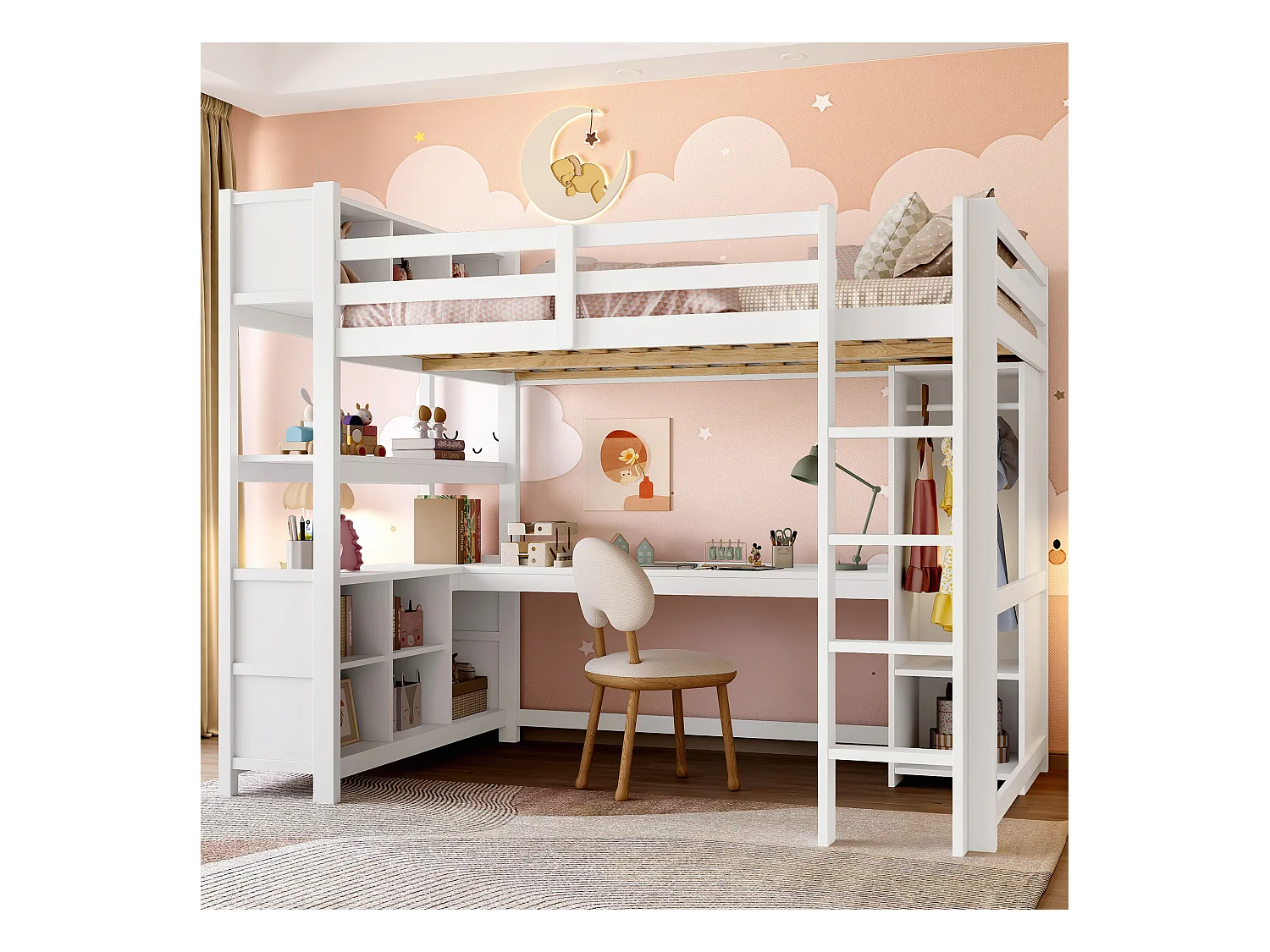 Lit mezzanine enfant - 140 x 200 cm - avec étagères de rangement + bureau + penderie - bois - blanc