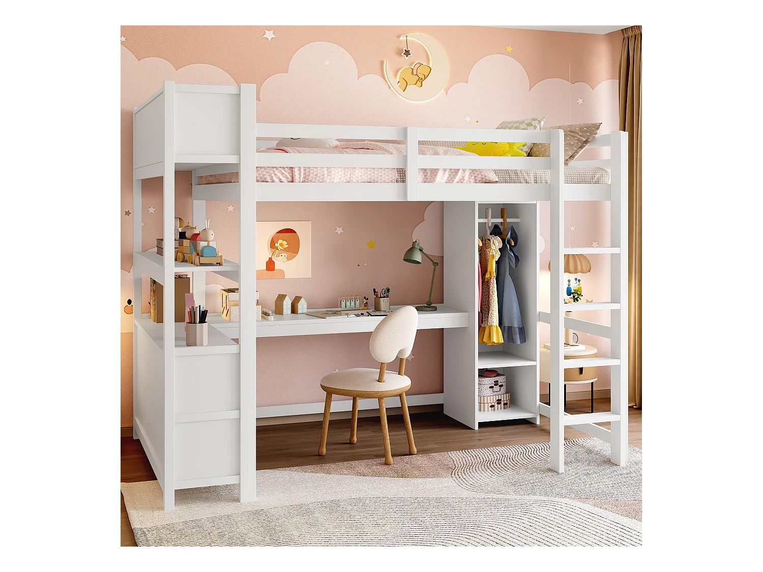 Lit mezzanine enfant - 140 x 200 cm - avec étagères de rangement + bureau + penderie - bois - blanc