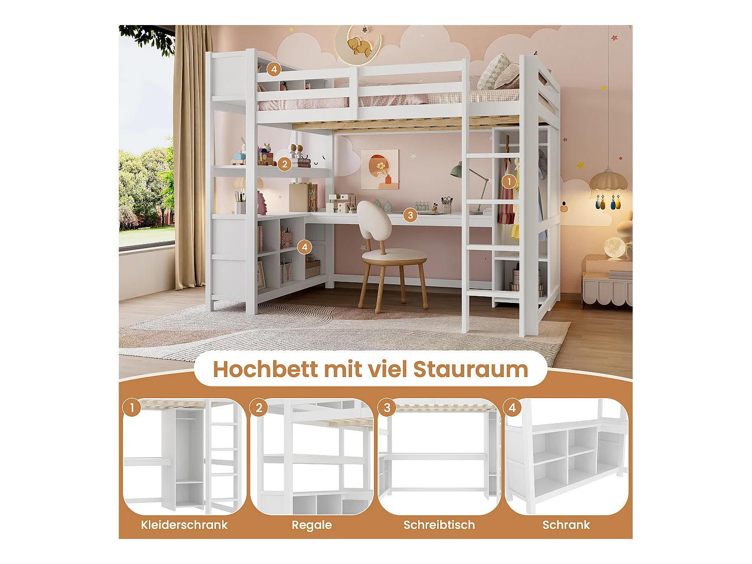 Lit mezzanine enfant - 140 x 200 cm - avec étagères de rangement + bureau + penderie - bois - blanc