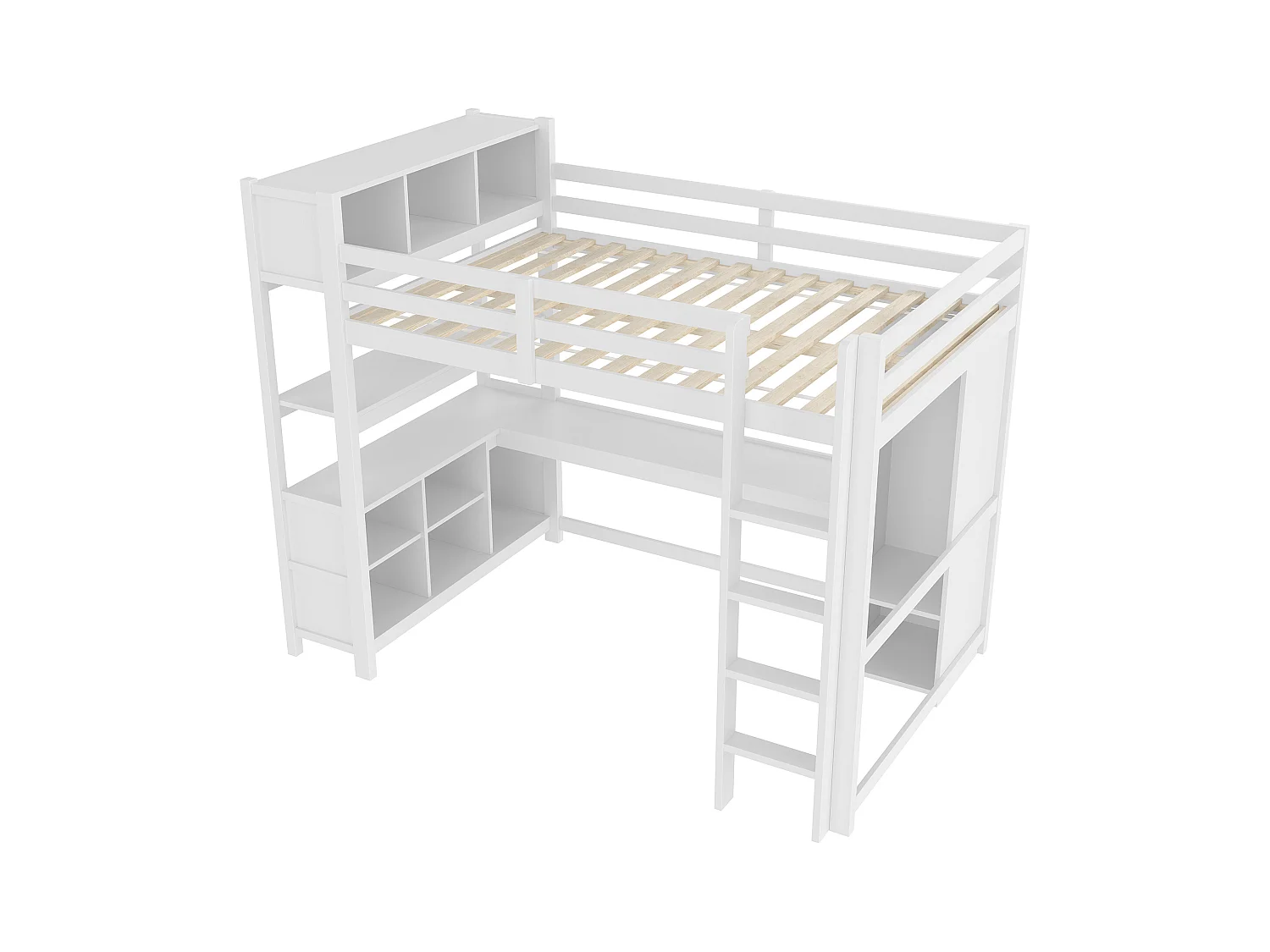 Lit mezzanine enfant - 140 x 200 cm - avec étagères de rangement + bureau + penderie - bois - blanc