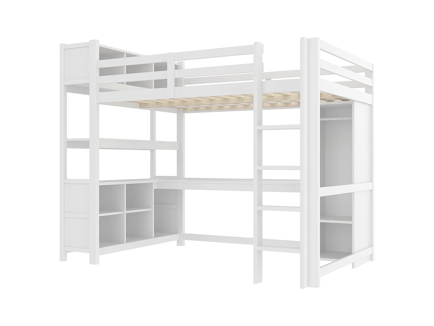 Lit mezzanine enfant - 140 x 200 cm - avec étagères de rangement + bureau + penderie - bois - blanc