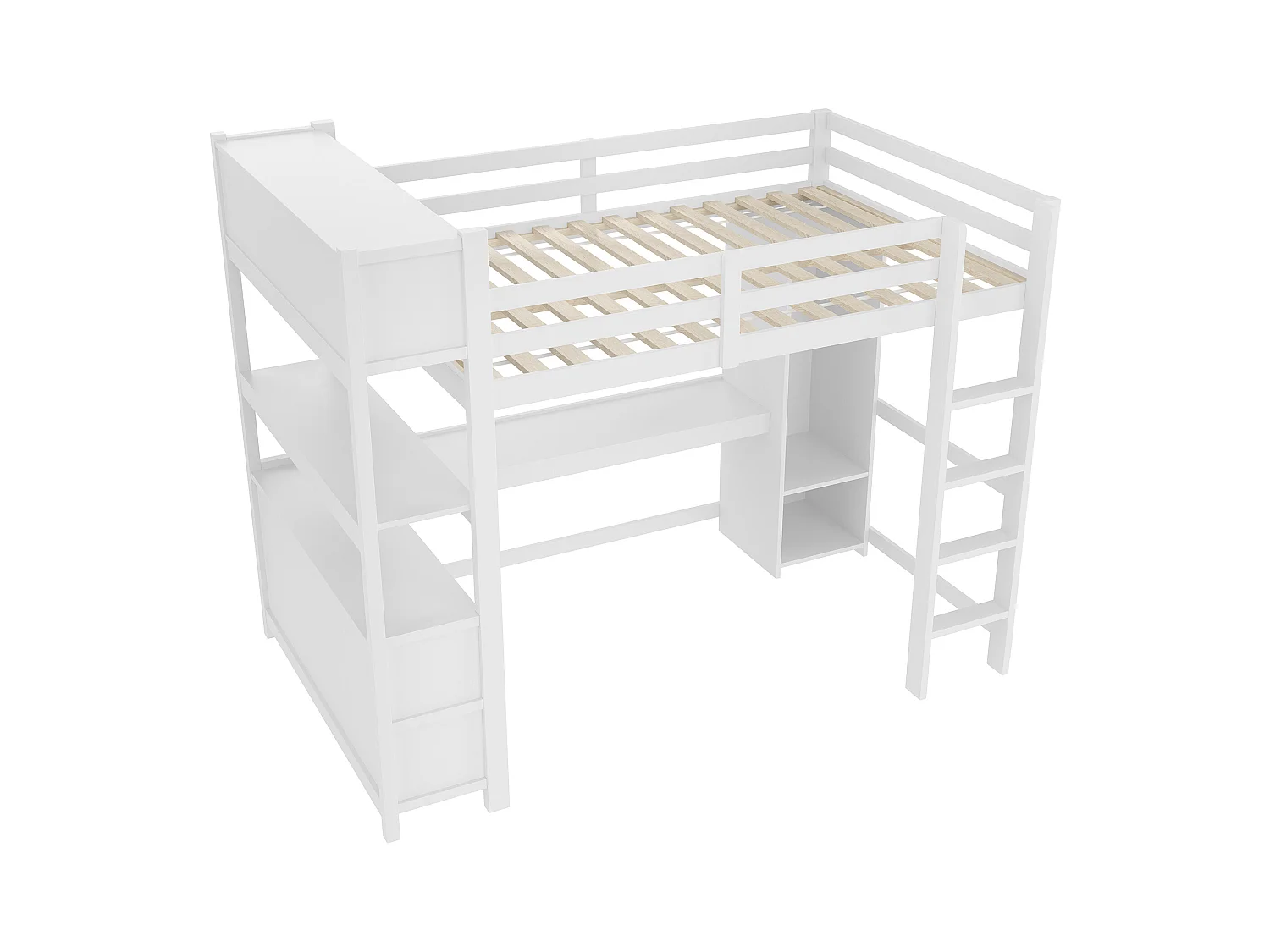 Lit mezzanine enfant - 140 x 200 cm - avec étagères de rangement + bureau + penderie - bois - blanc