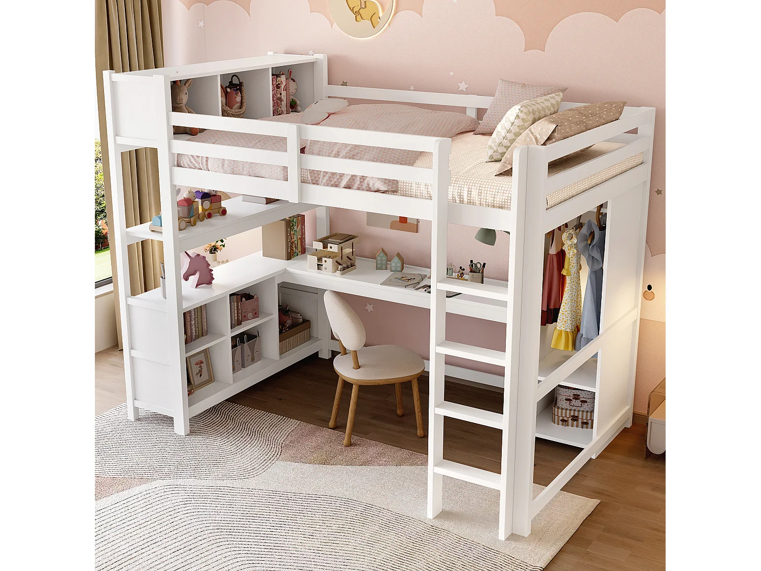 Lit mezzanine enfant - 140 x 200 cm - avec étagères de rangement + bureau + penderie - bois - blanc