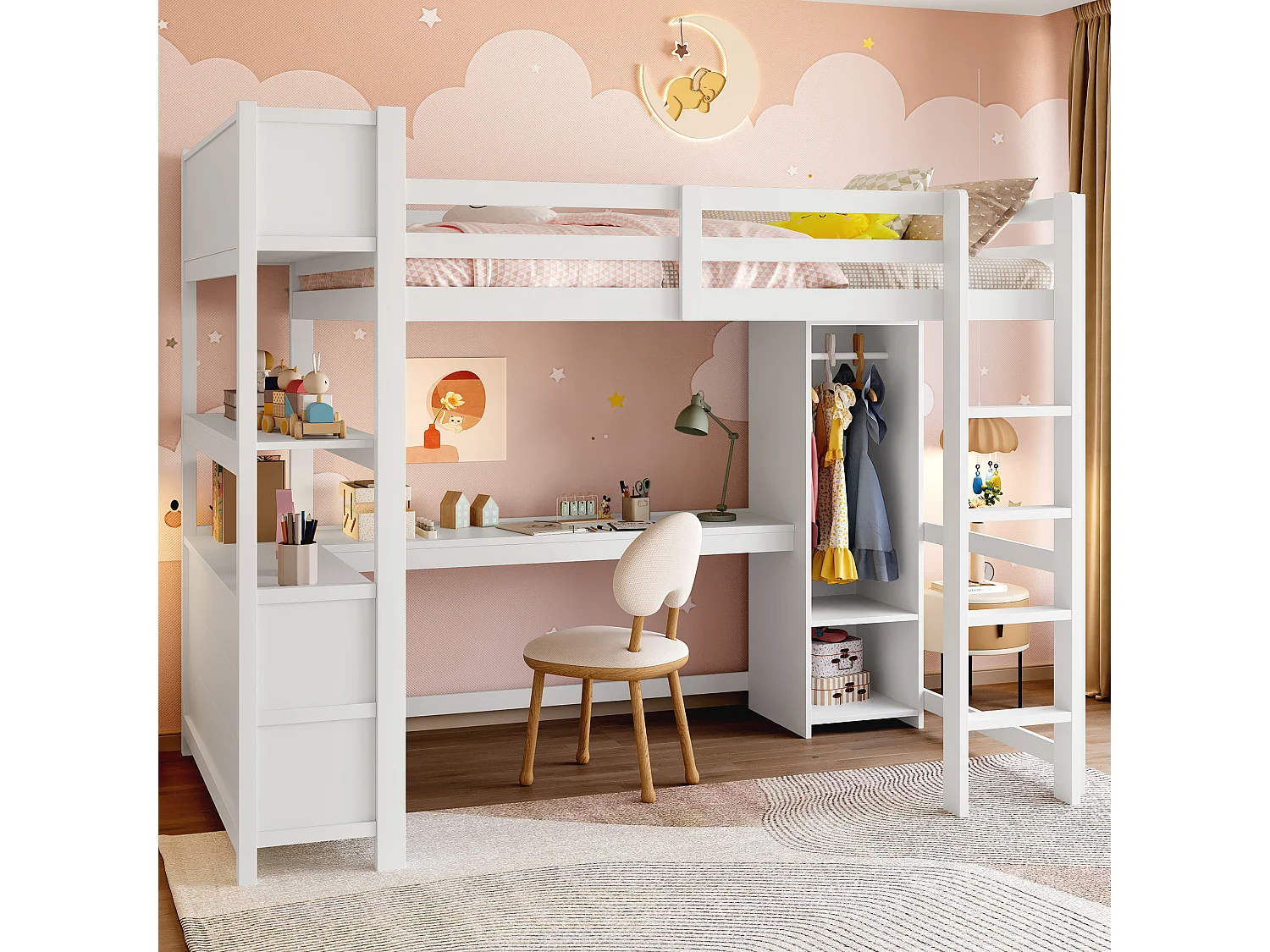 Lit mezzanine enfant - 140 x 200 cm - avec étagères de rangement + bureau + penderie - bois - blanc