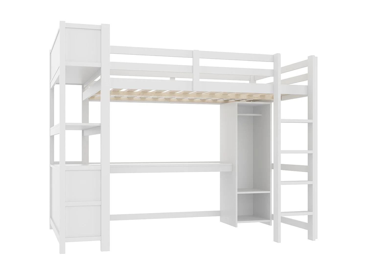 Lit mezzanine enfant - 140 x 200 cm - avec étagères de rangement + bureau + penderie - bois - blanc