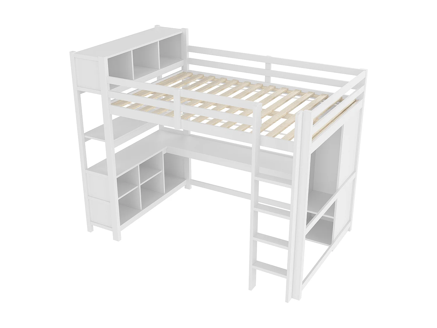 Lit mezzanine enfant - 140 x 200 cm - avec étagères de rangement + bureau + penderie - bois - blanc
