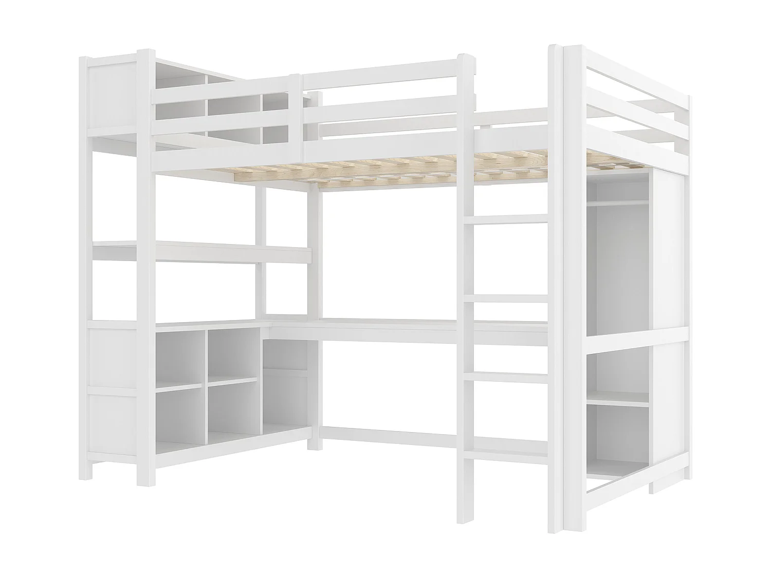 Lit mezzanine enfant - 140 x 200 cm - avec étagères de rangement + bureau + penderie - bois - blanc
