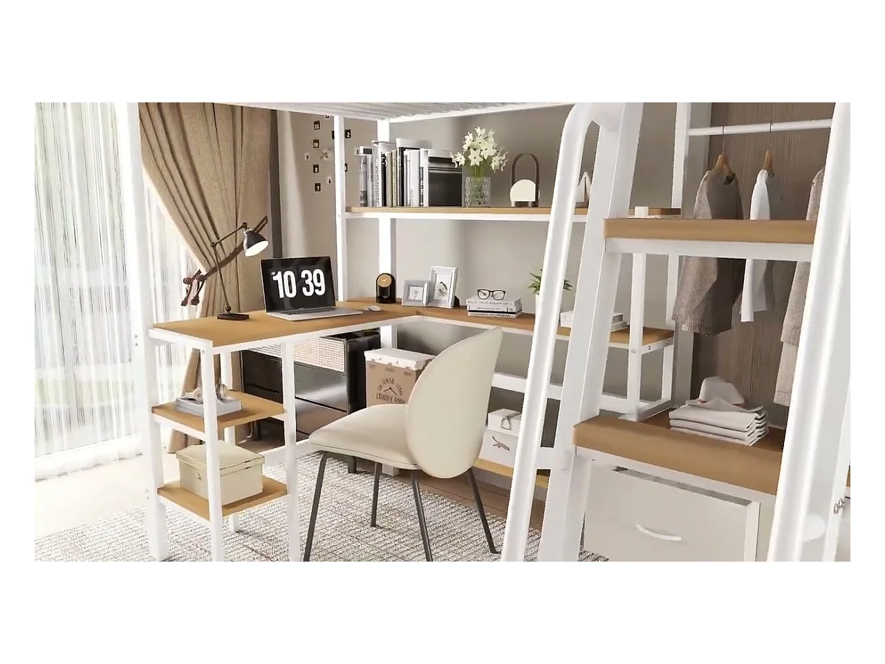 Lit mezzanine 90x200 cm - avec bureau et étagère de rangement - avec cintre et 2 boîtes de rangement - Métal + MDF - Blanc + Naturel