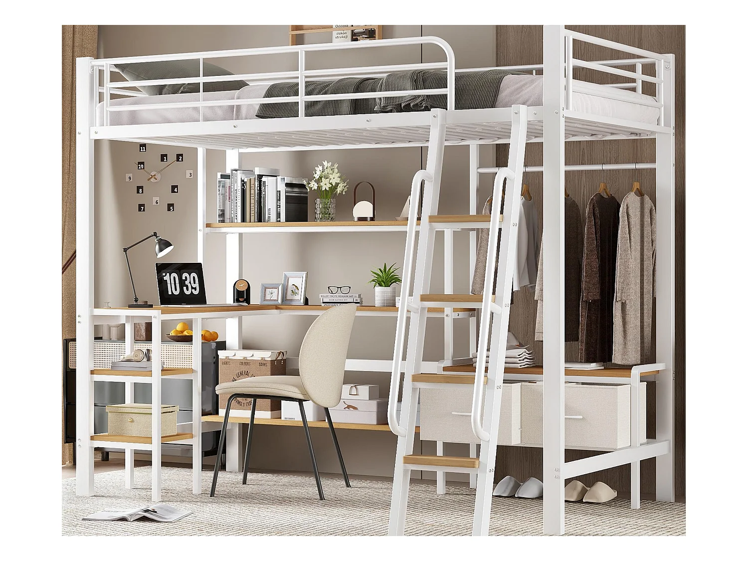 Lit mezzanine 90x200 cm - avec bureau et étagère de rangement - avec cintre et 2 boîtes de rangement - Métal + MDF - Blanc + Naturel