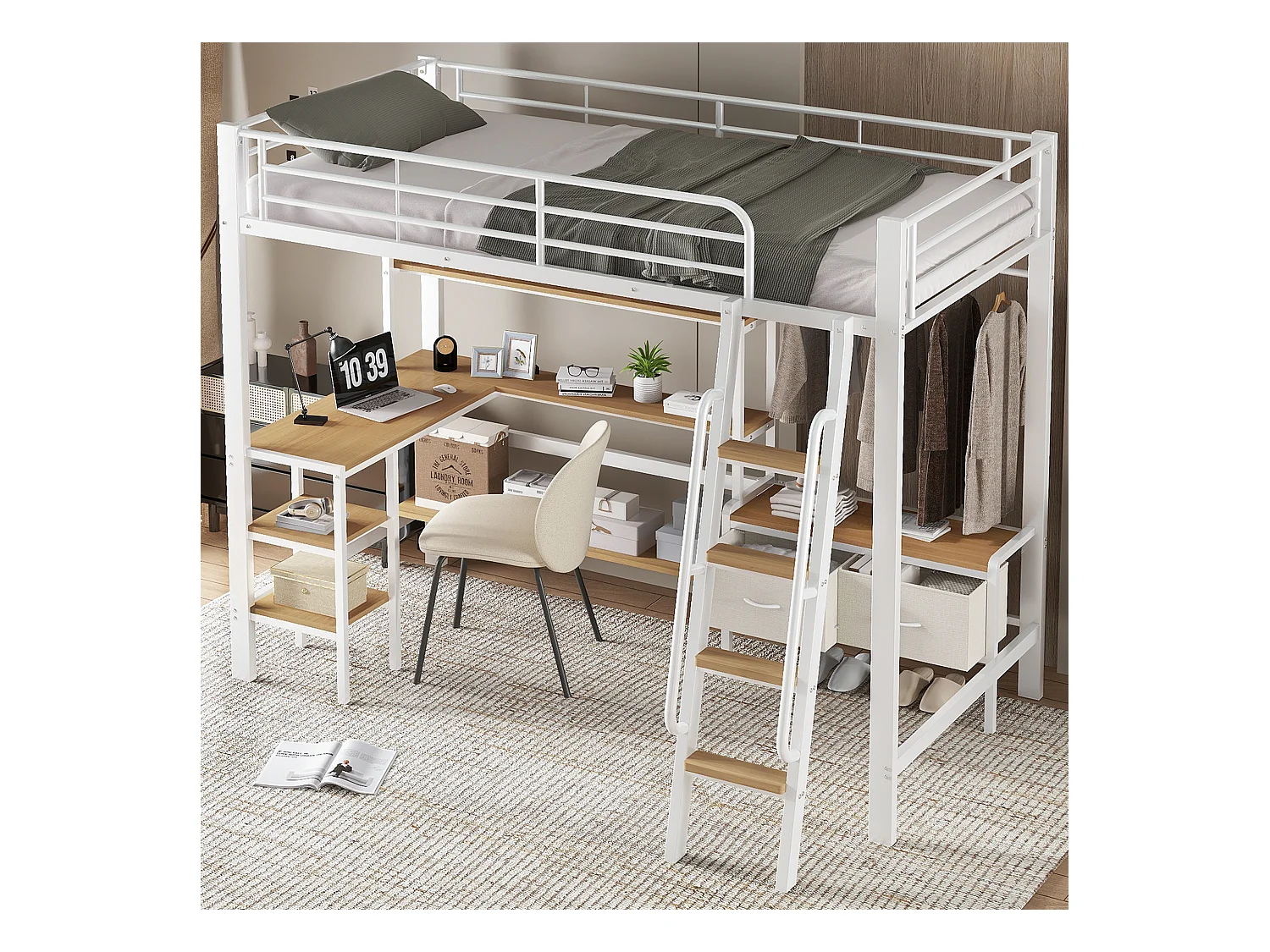 Lit mezzanine 90x200 cm - avec bureau et étagère de rangement - avec cintre et 2 boîtes de rangement - Métal + MDF - Blanc + Naturel