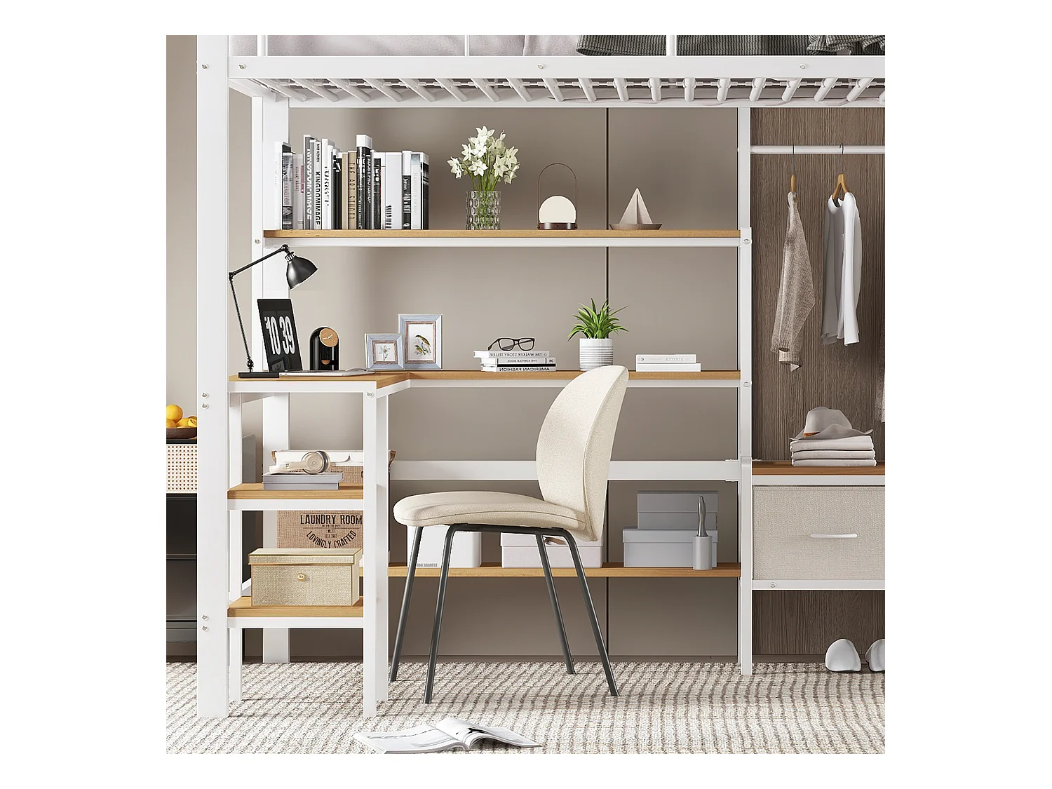 Lit mezzanine 90x200 cm - avec bureau et étagère de rangement - avec cintre et 2 boîtes de rangement - Métal + MDF - Blanc + Naturel