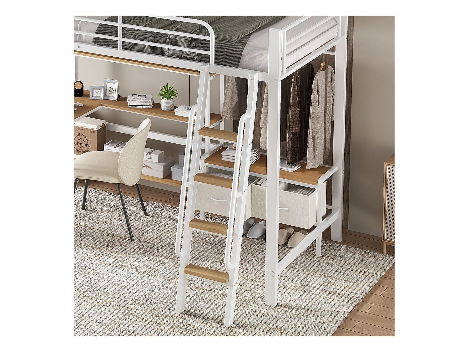 Lit mezzanine 90x200 cm - avec bureau et étagère de rangement - avec cintre et 2 boîtes de rangement - Métal + MDF - Blanc + Naturel