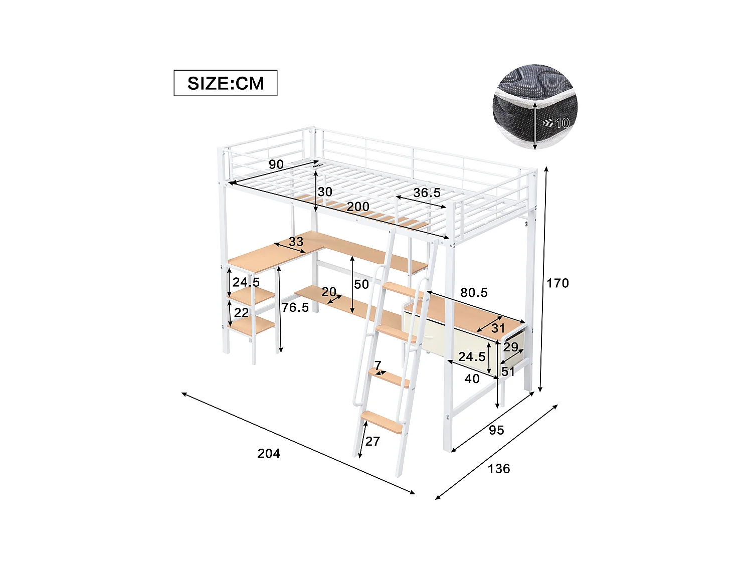 Lit mezzanine 90x200 cm - avec bureau et étagère de rangement - avec cintre et 2 boîtes de rangement - Métal + MDF - Blanc + Naturel