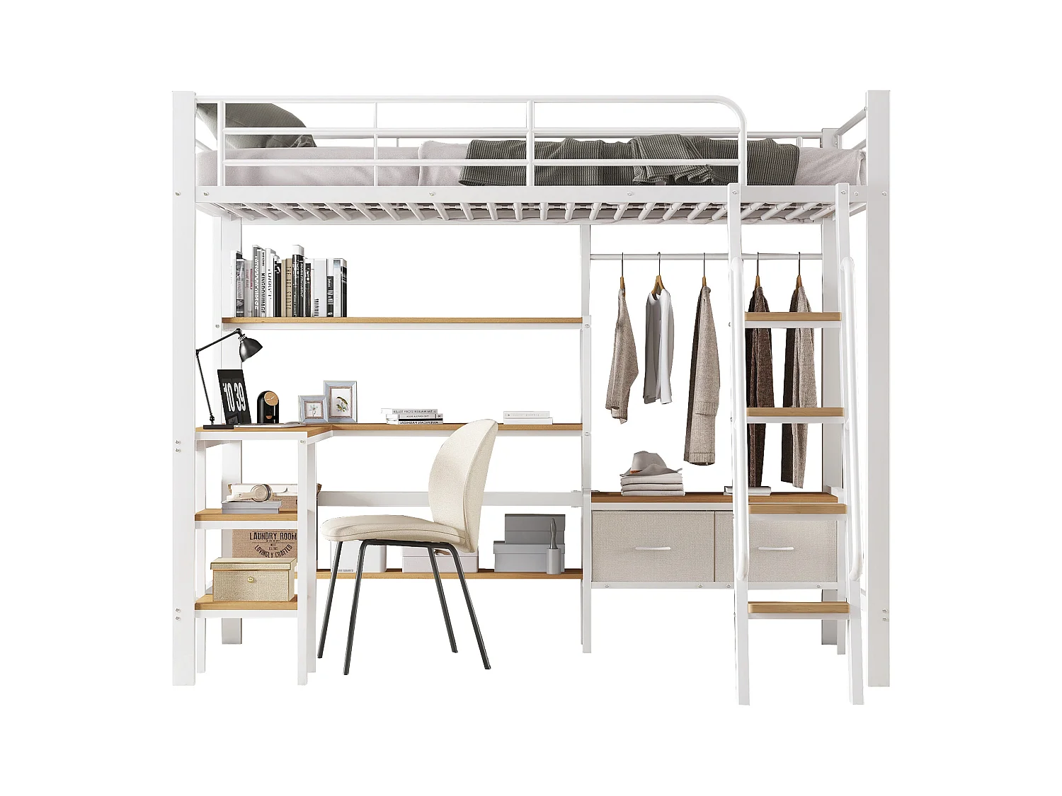 Lit mezzanine 90x200 cm - avec bureau et étagère de rangement - avec cintre et 2 boîtes de rangement - Métal + MDF - Blanc + Naturel