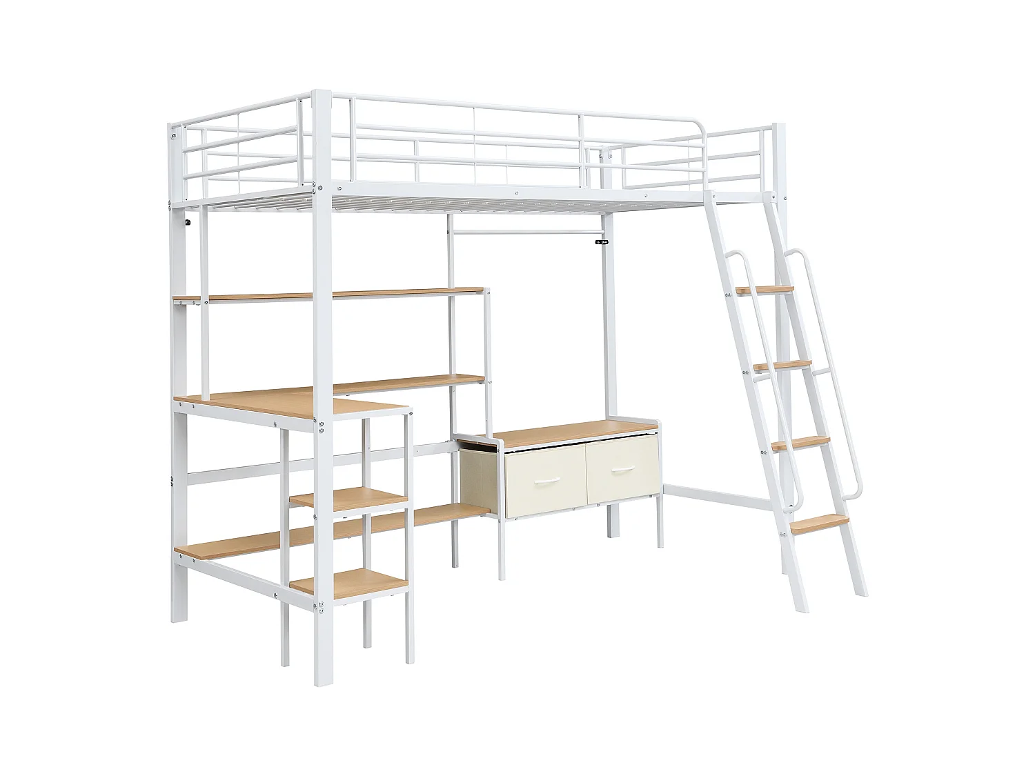 Lit mezzanine 90x200 cm - avec bureau et étagère de rangement - avec cintre et 2 boîtes de rangement - Métal + MDF - Blanc + Naturel